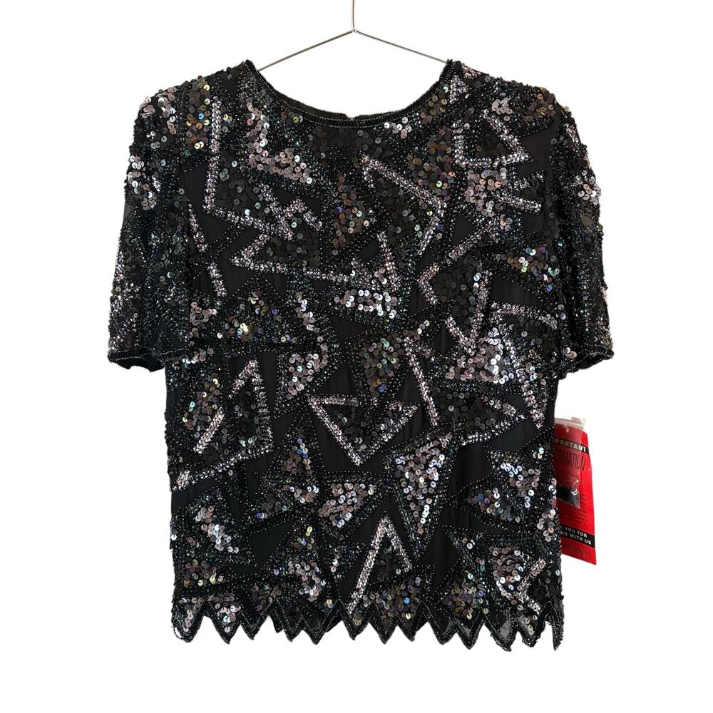 Styleworks Women’s NEW Vintage Silk Black Sequins Beaded Short Sleeve Top M